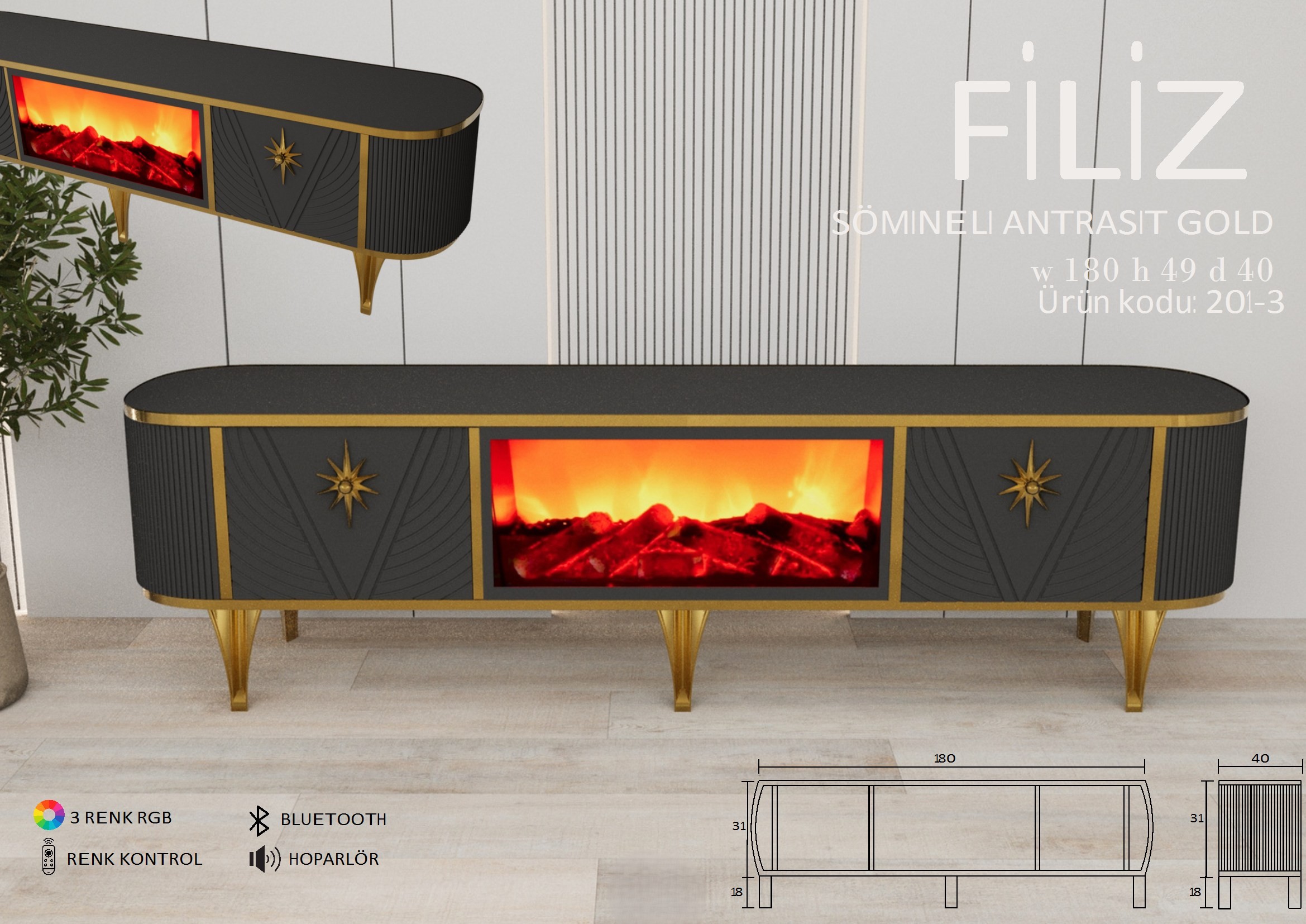 Filiz Şömineli Antrasit Gold Ünite Modeli