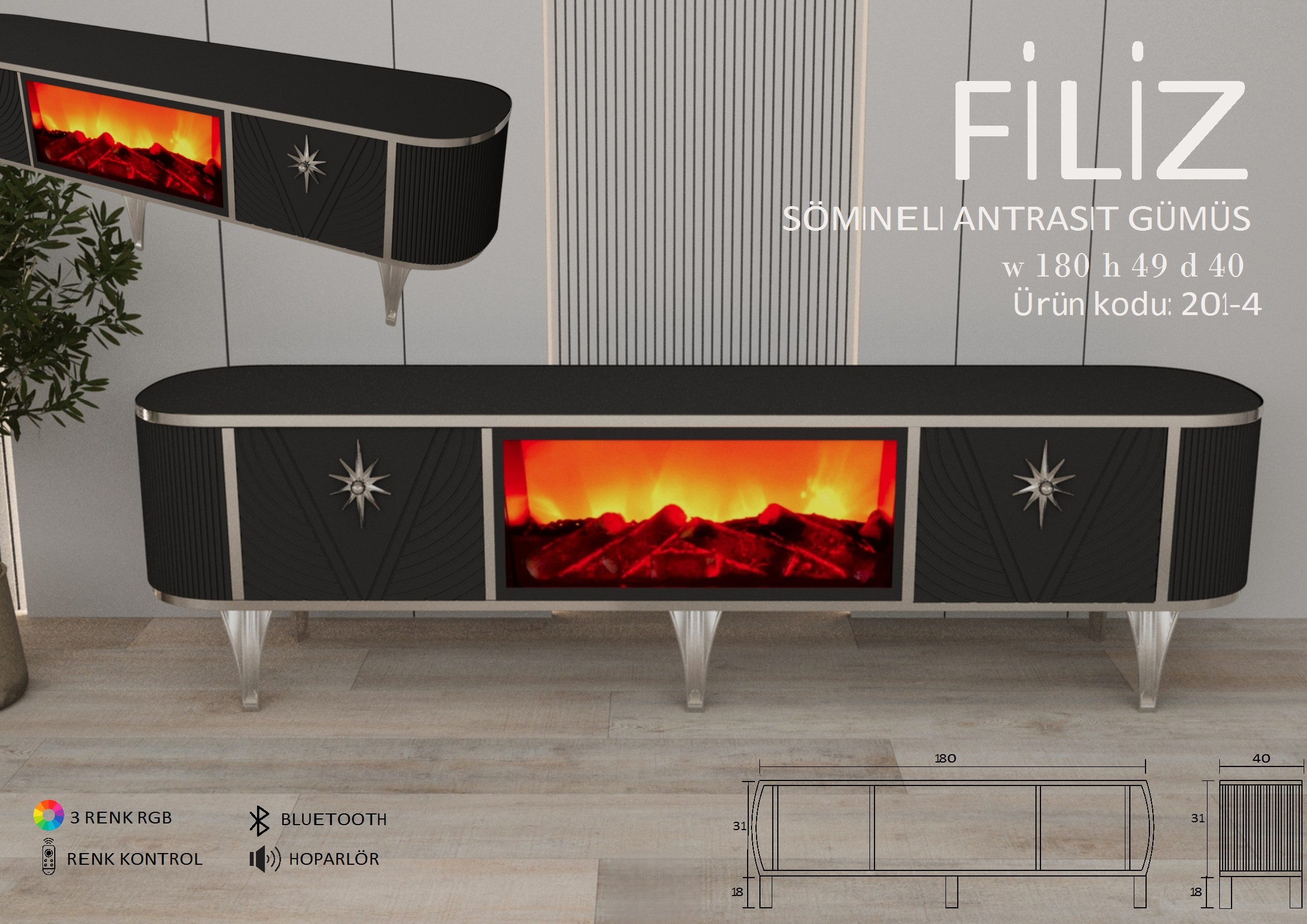 Filiz Şömineli Antrasit Gümüş Ünite Modeli