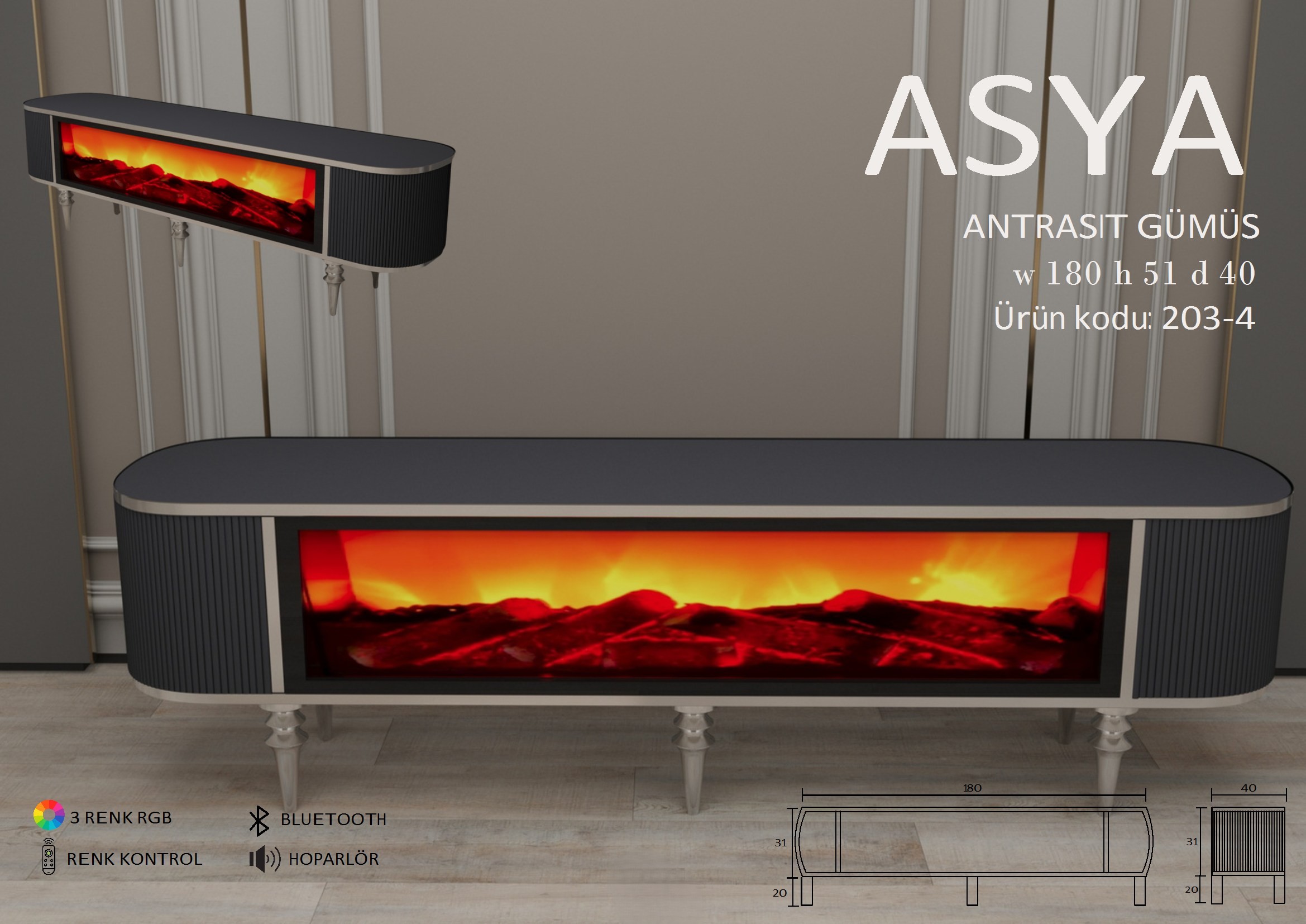 Asya Şömineli Antrasit Gümüş Ünite Modeli