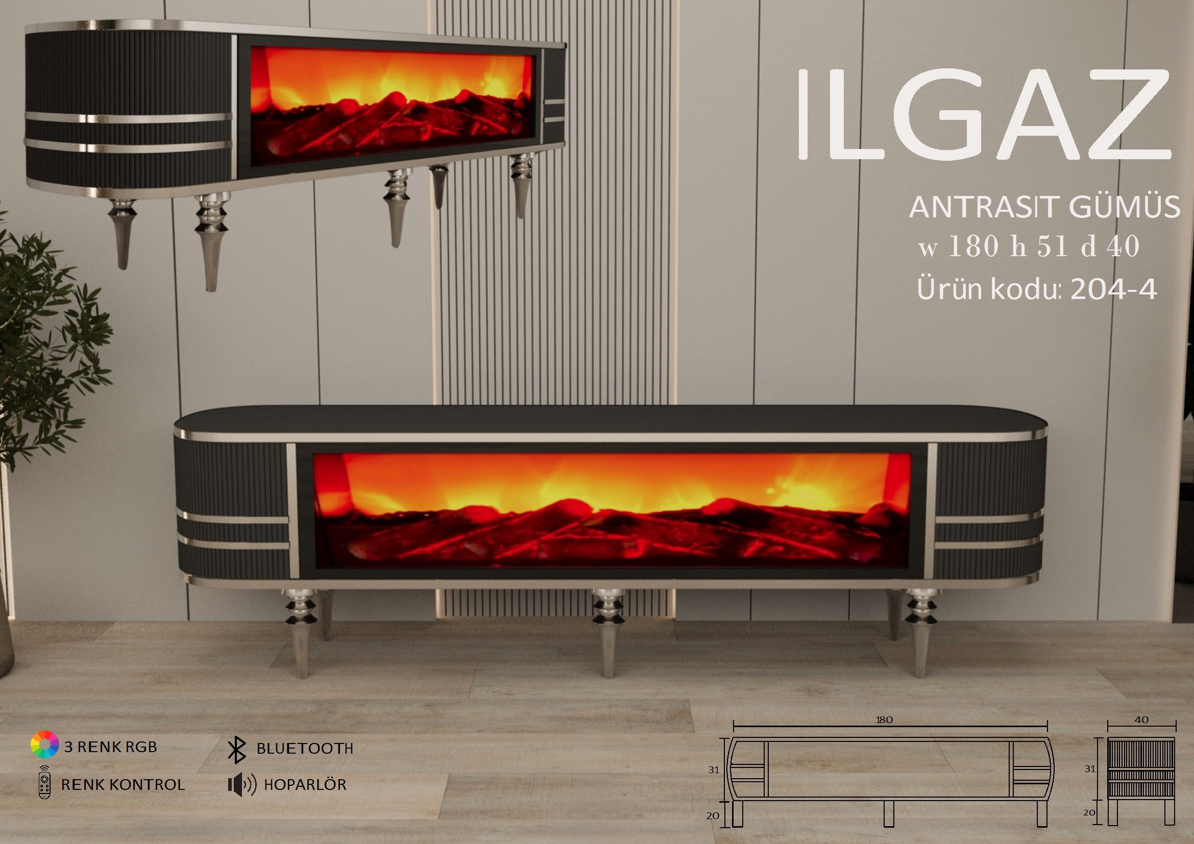 Ilgaz Şömineli Antrasit Gümüş Ünite Modeli