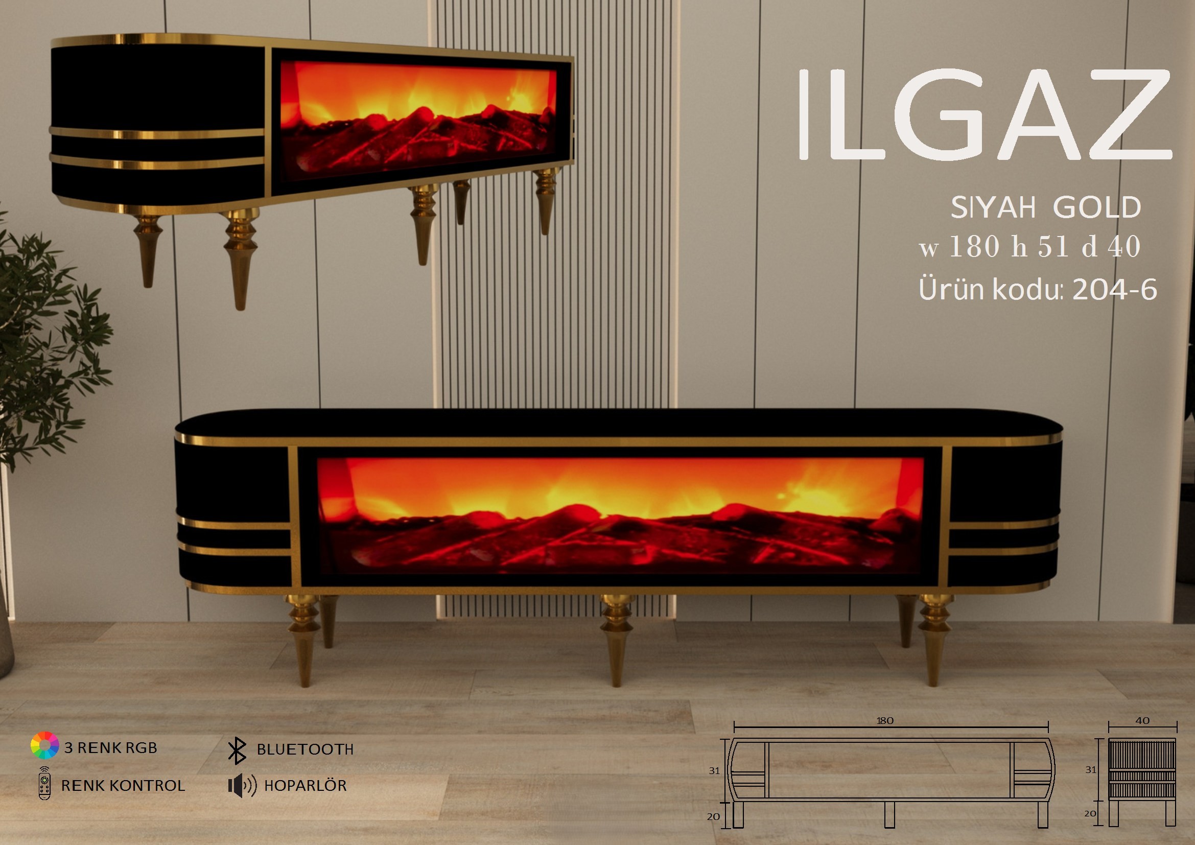 Ilgaz Şömineli Siyah-Gold Ünite Modeli