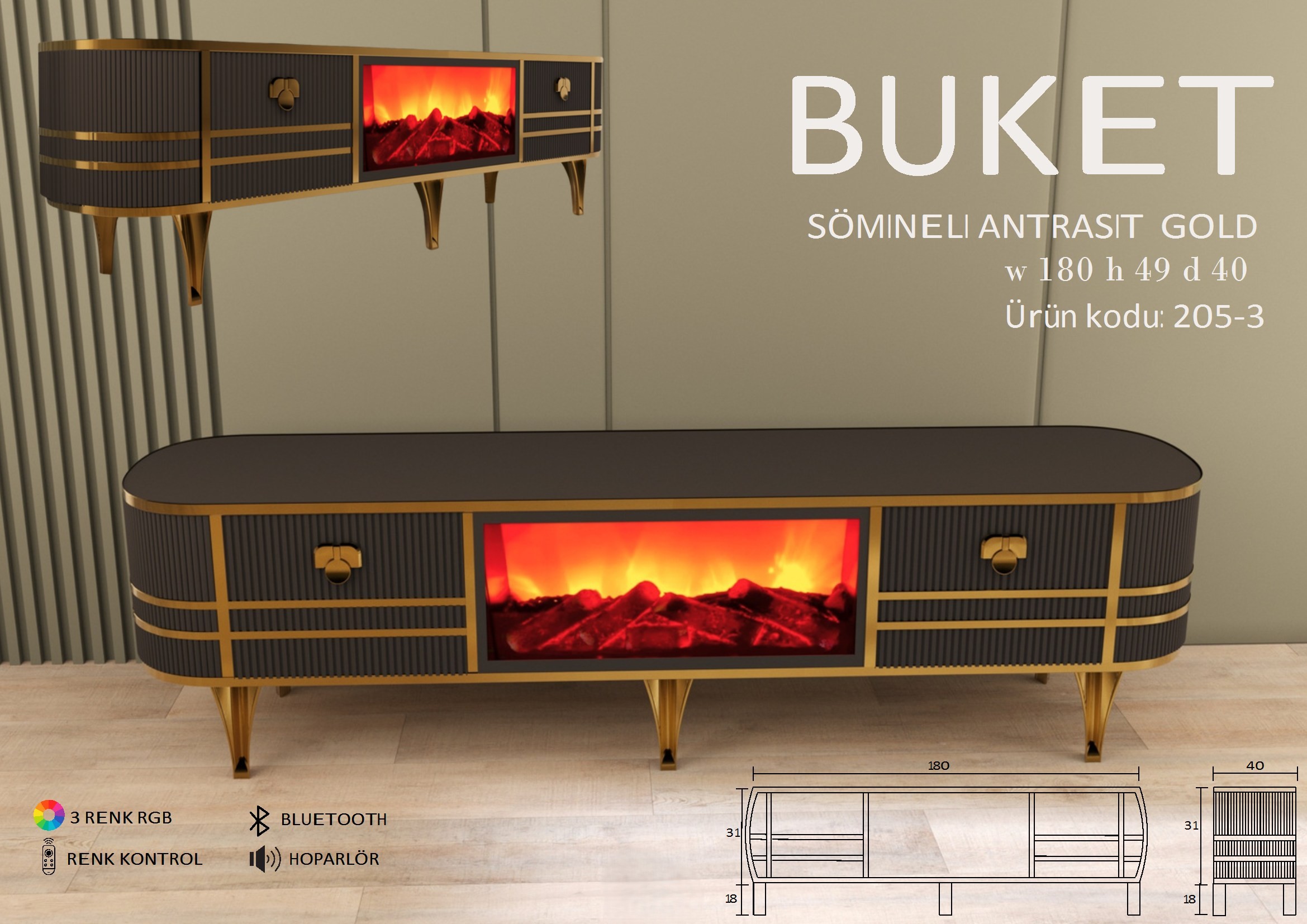 Buket Şömineli Antrasit Gold Ünite Modeli