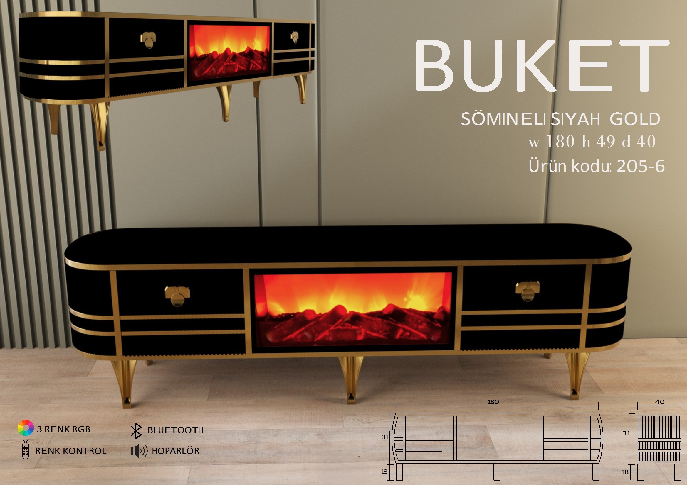 Buket Şömineli Siyah-Gold Ünite Modeli
